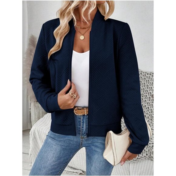 Women's Zip Up Bomber Jacket Casual Textured Long Sleeve Coat Fall Dark Blue - Picture 3 of 6